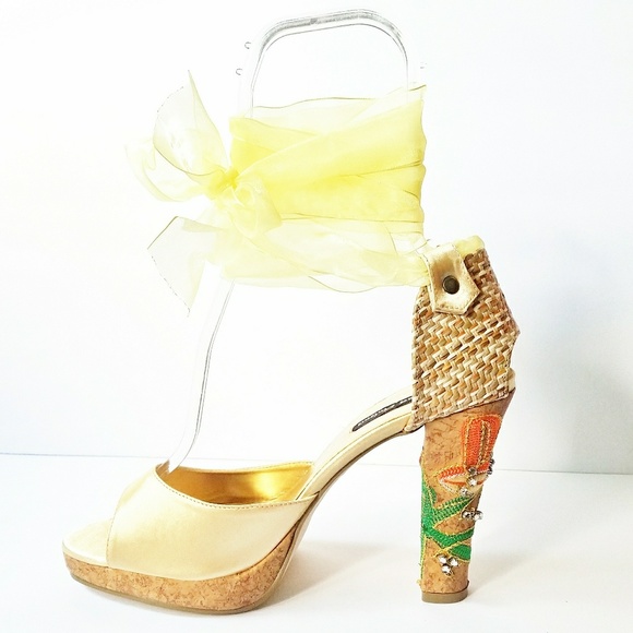 Satin Jeweled Flower Embellished Cork Heels - Picture 3 of 7